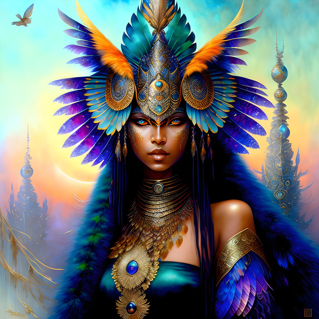 Vibrant portrait of a woman with feathered headdress and ethnic jewelry