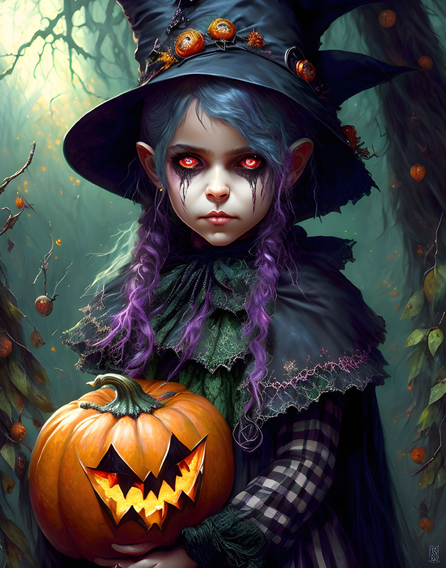 Fantasy character with pale skin and red eyes holding a carved pumpkin in a witch's hat in eerie