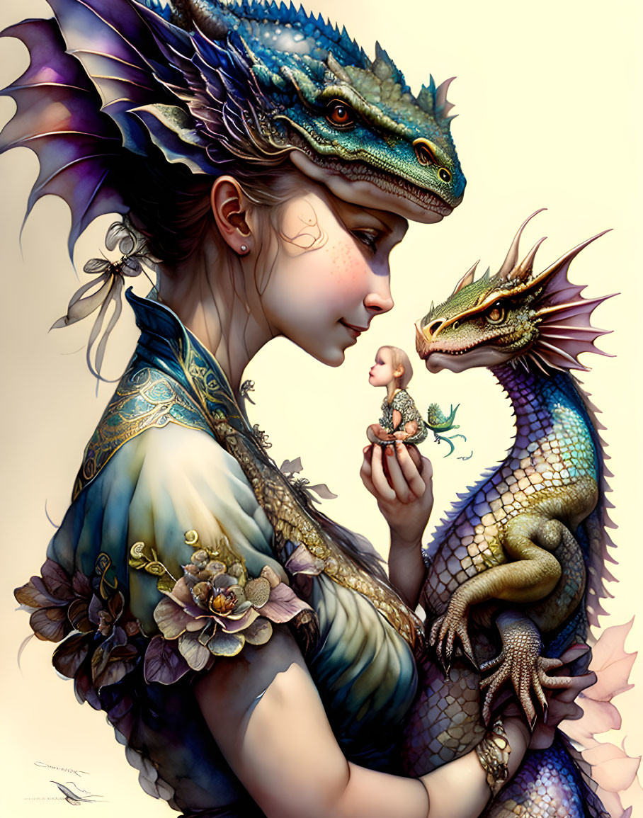 Woman in ornate attire with tiny and majestic dragons.