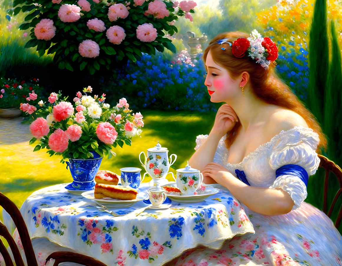 Woman in Floral Dress Enjoying Tea and Cake in Sunlit Garden