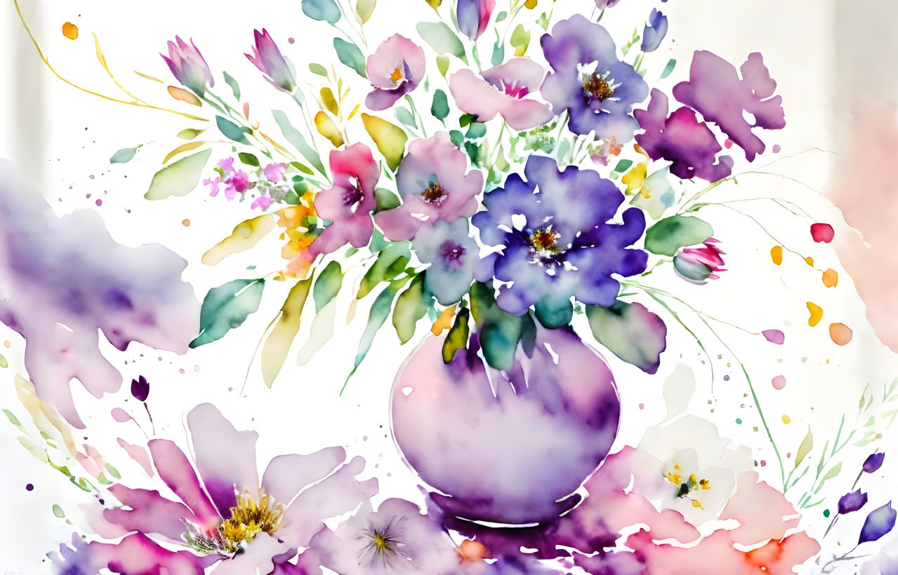 Colorful Flowers in Purple Vase Watercolor Painting