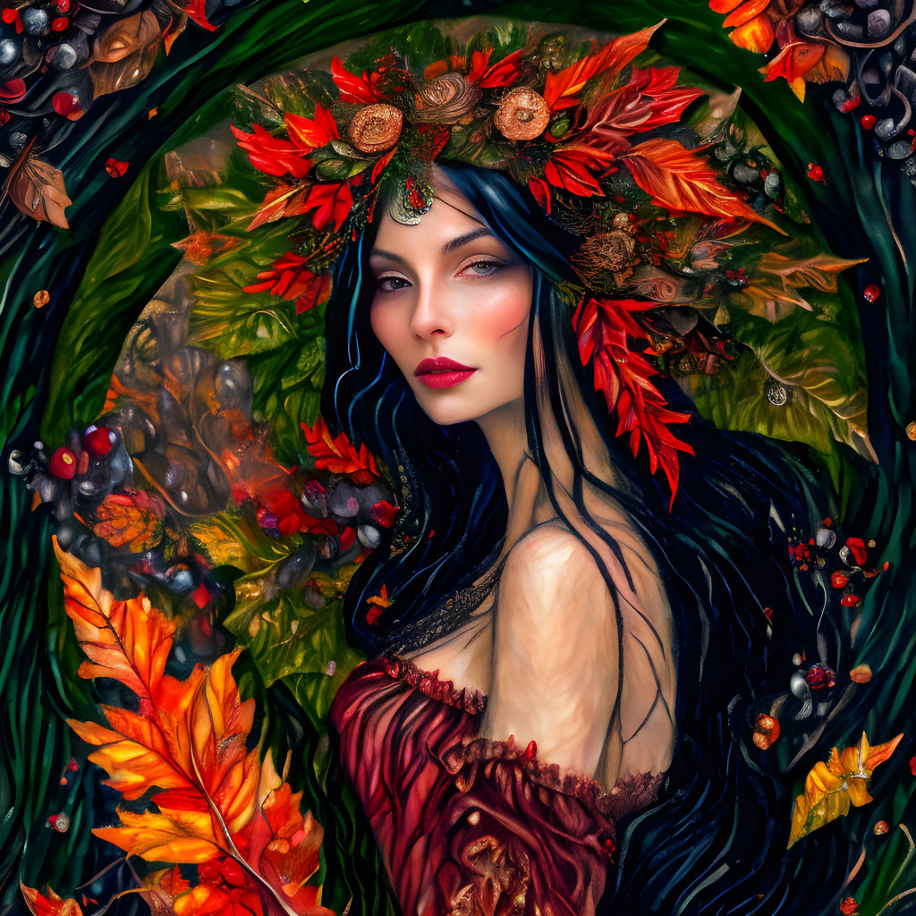 Mystical woman with autumn leaf crown and vibrant makeup in enchanting setting.