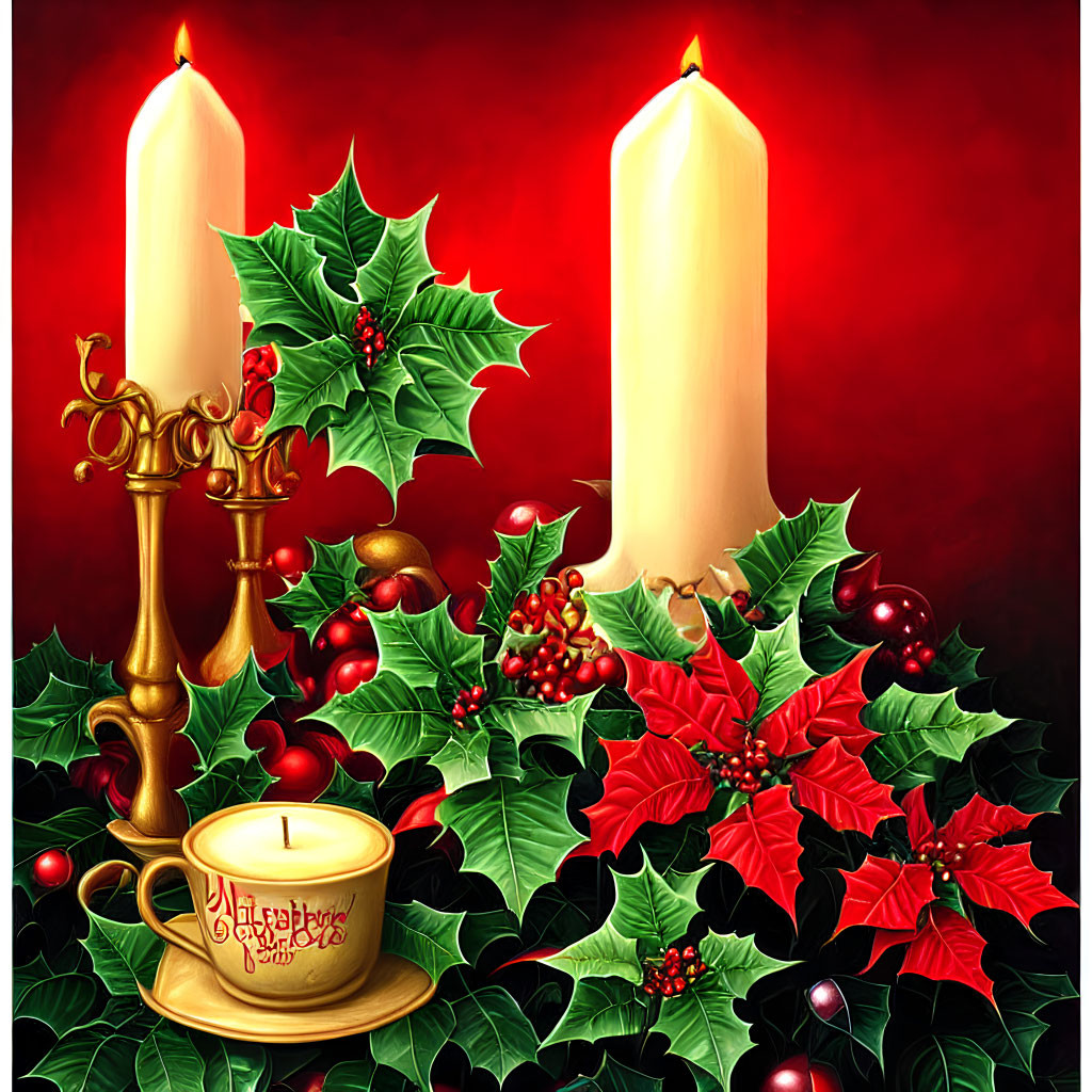 Three candles with holly and poinsettia on red background