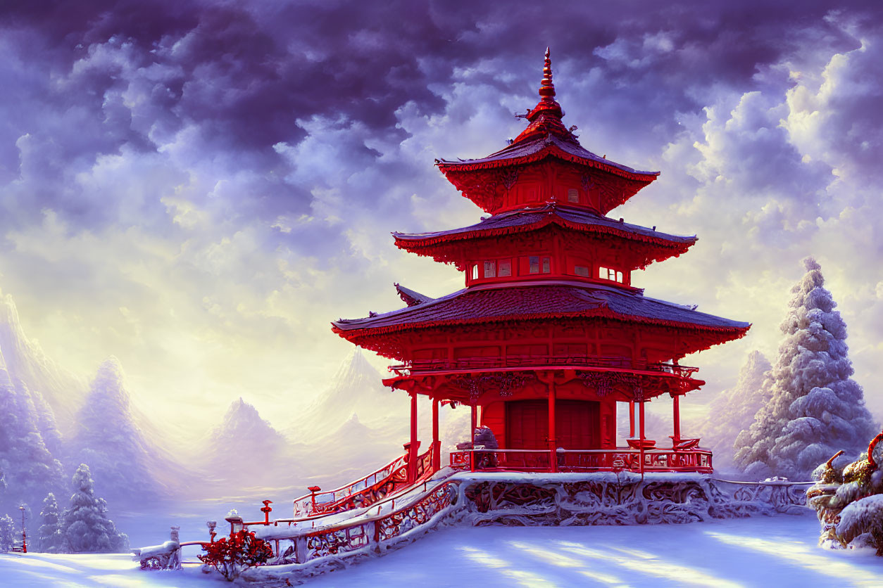 Traditional Red Pagoda in Snowy Landscape with Pine Trees and Dramatic Sky at Dusk or Dawn