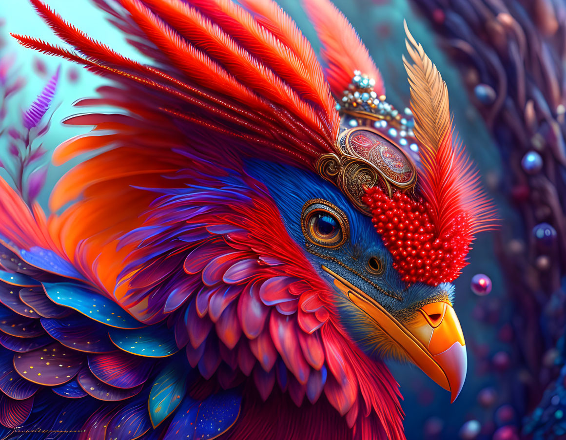 Colorful Fantastical Bird with Blue and Red Feathers and Crown Headpiece