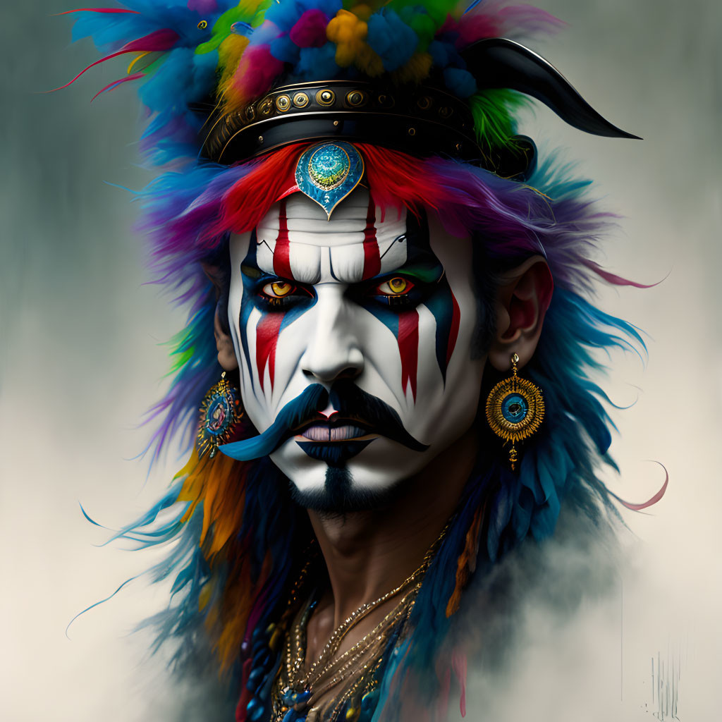 Colorful portrait of a man with tribal makeup and feathered headdress in deep blues, bright red