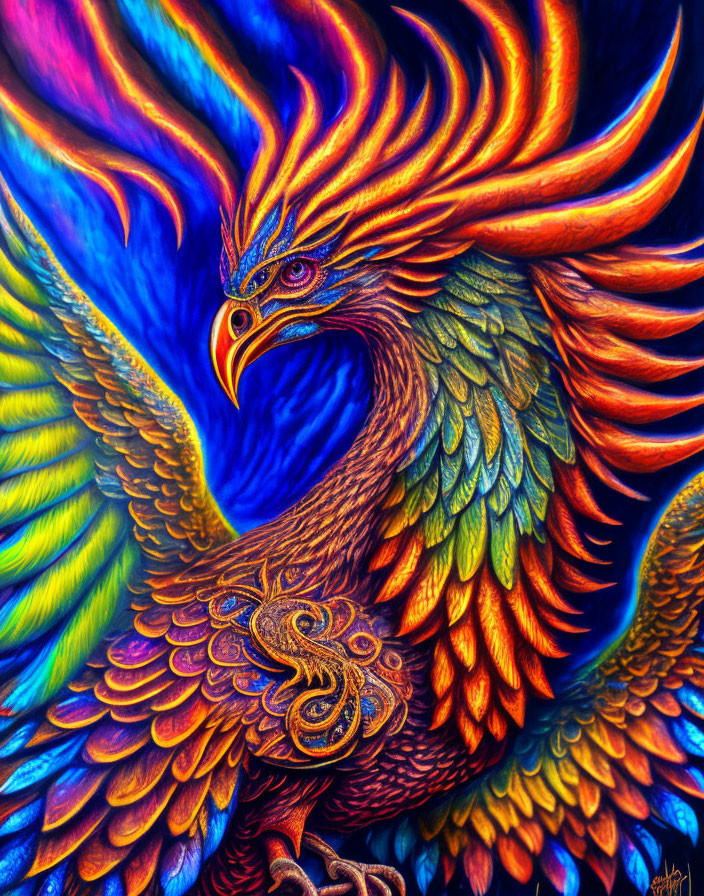 Vibrant mythical phoenix with fiery plumage on blue background