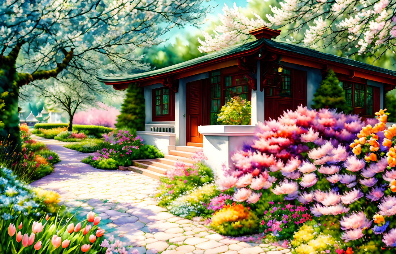 Traditional House with Red Facade in Colorful Garden