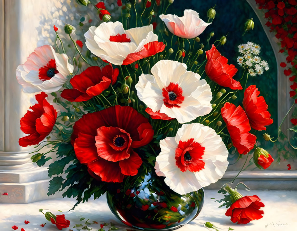 Vibrant painting of red and white poppies in a clear vase on a windowsill