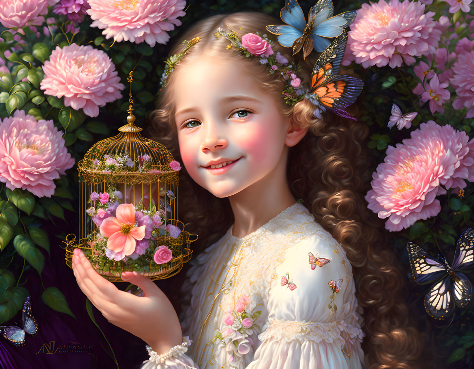 Curly brown-haired girl with birdcage, pink blooms, and butterflies