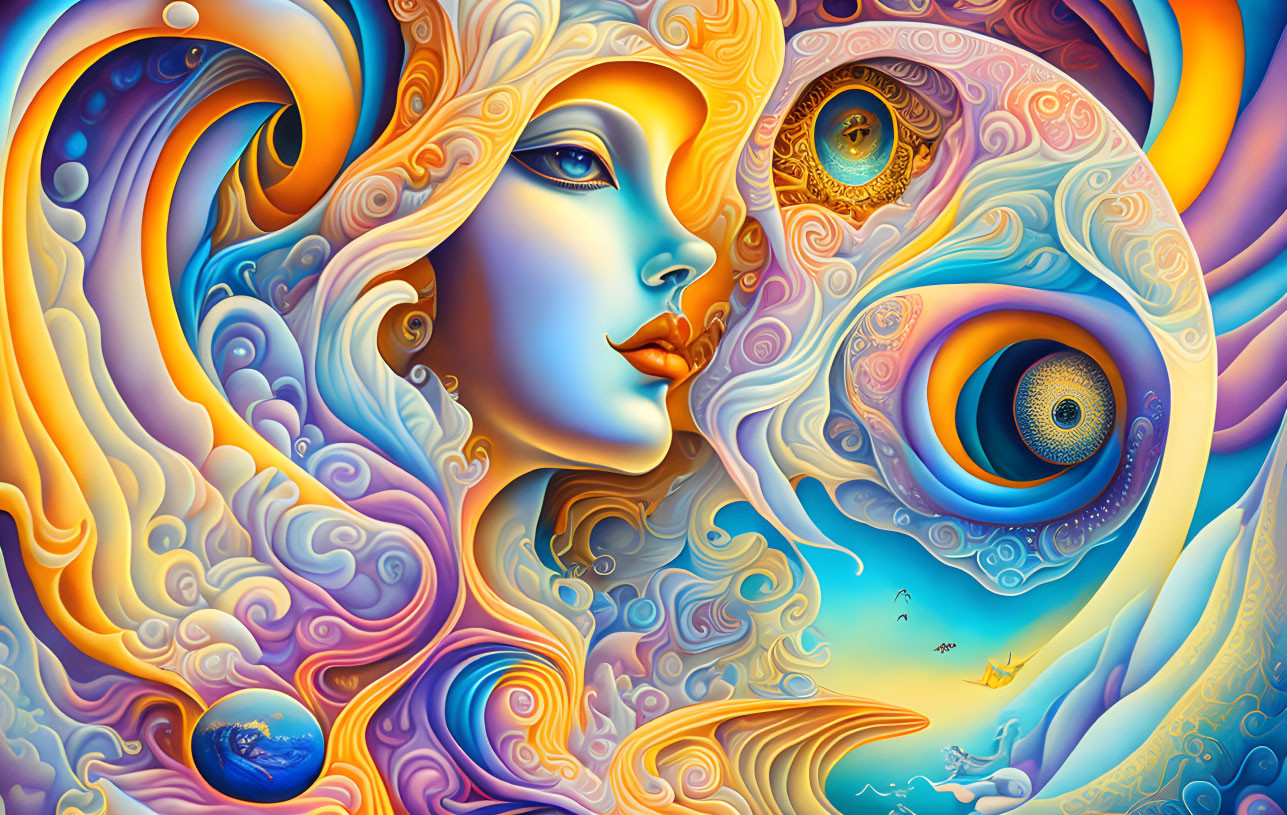 Colorful Psychedelic Artwork: Woman's Face with Swirling Patterns