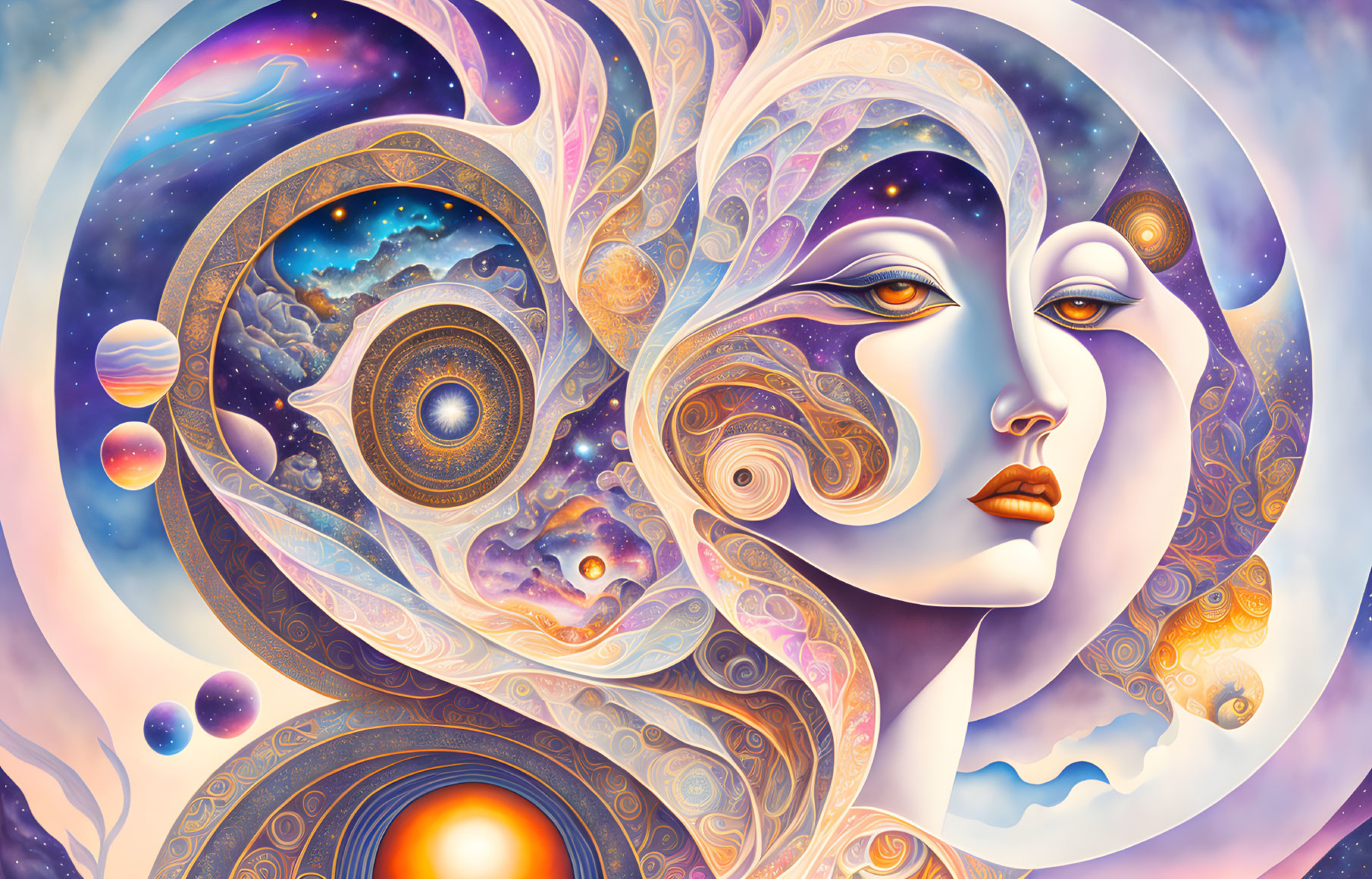 Surreal artwork of woman's face merging with cosmic elements