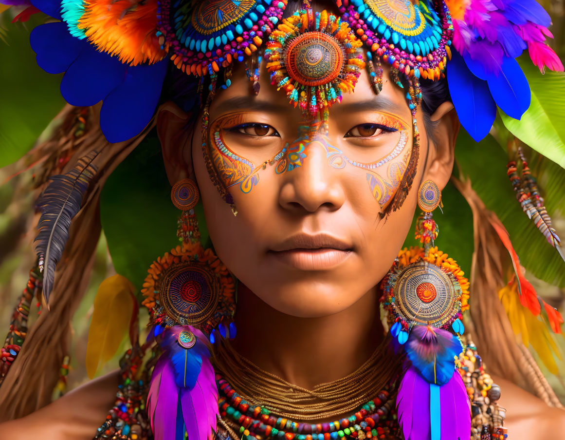 Person in Vibrant Tribal Attire with Feathered Headdress and Face Paint