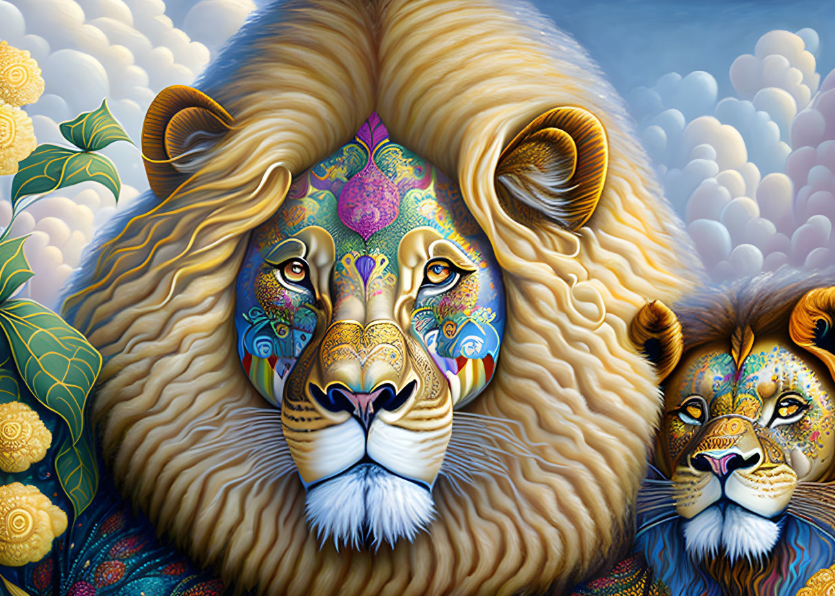 Colorful Lion Illustration Against Blue Sky and Clouds