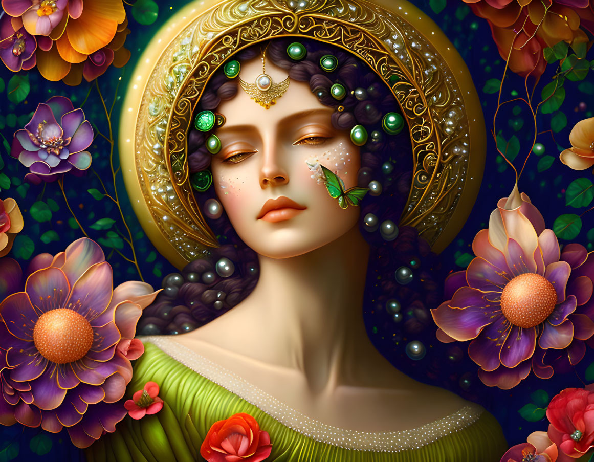 Vibrant illustrated portrait of woman with halo, flowers, butterfly, and ornate jewelry