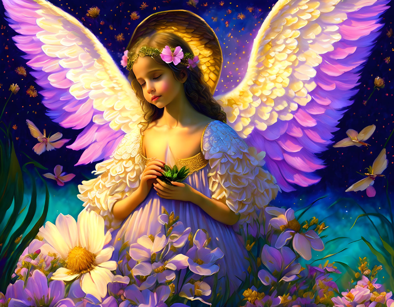 Ethereal illustration of young angelic girl with glowing wings among vibrant flowers