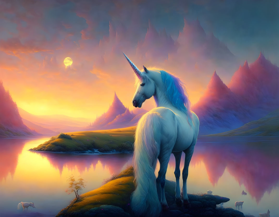 White unicorn by tranquil lake at sunset with mountains.