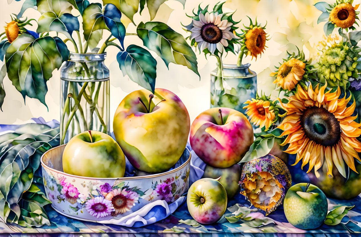 Colorful still-life painting with apples, sunflowers, and greenery on patterned backdrop