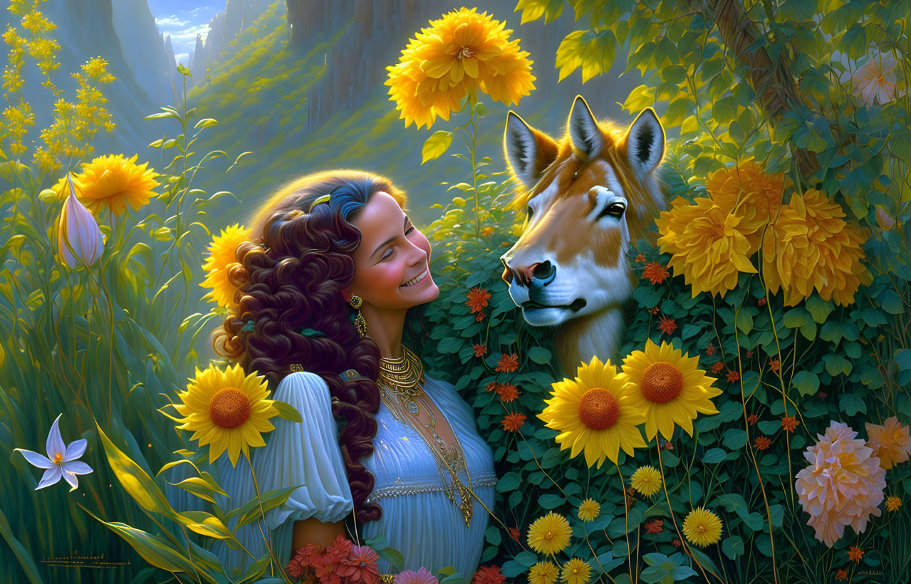 Curly-Haired Woman Smiling with Flowers and Horse in Vibrant Garden