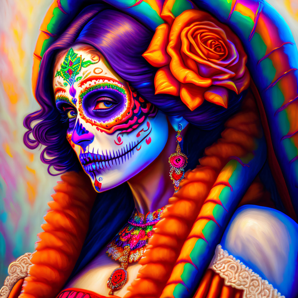 Colorful Día de Muertos makeup with skull design and orange flower.