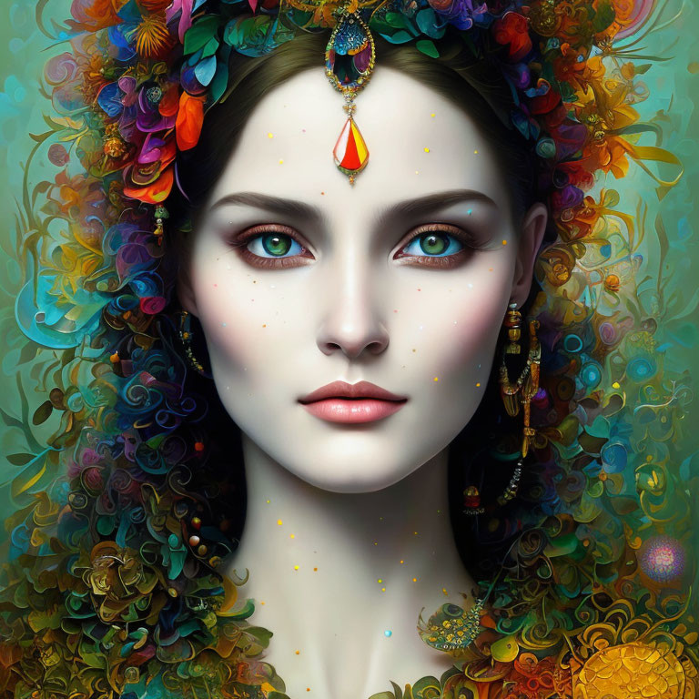 Colorful portrait of a woman with intricate floral headdress and ornate jewelry