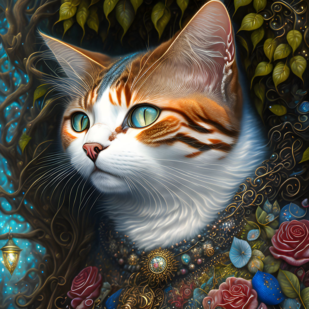 Colorful digital artwork: Cat with green eyes, detailed fur, surrounded by foliage & jewelry.