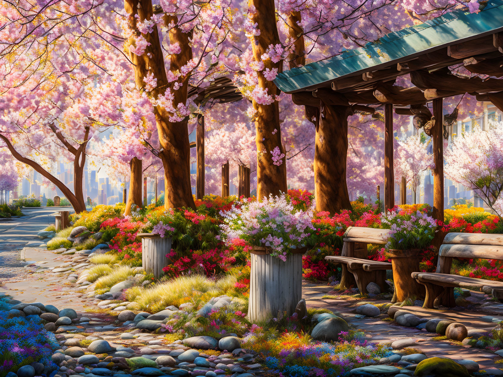 Tranquil Park with Cherry Blossoms and Cobblestone Path