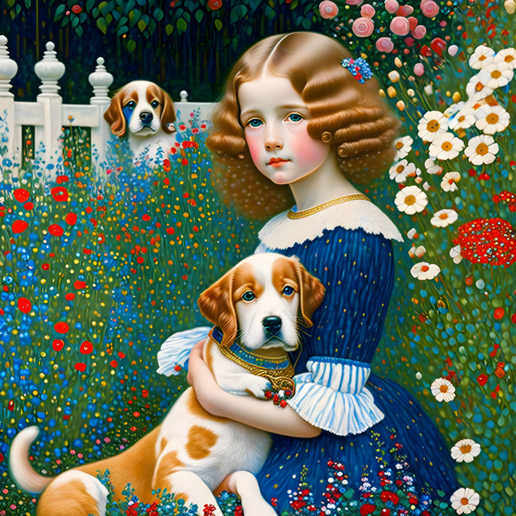 Curly-haired girl in blue dress with puppies in flower garden