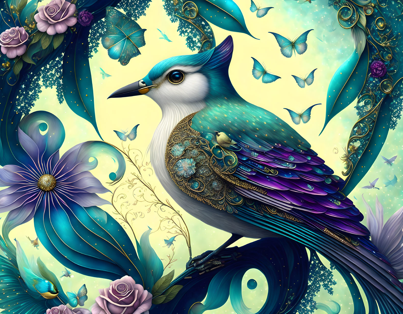 Colorful Stylized Bird with Floral and Butterfly Motifs in Blues, Greens, and Purp