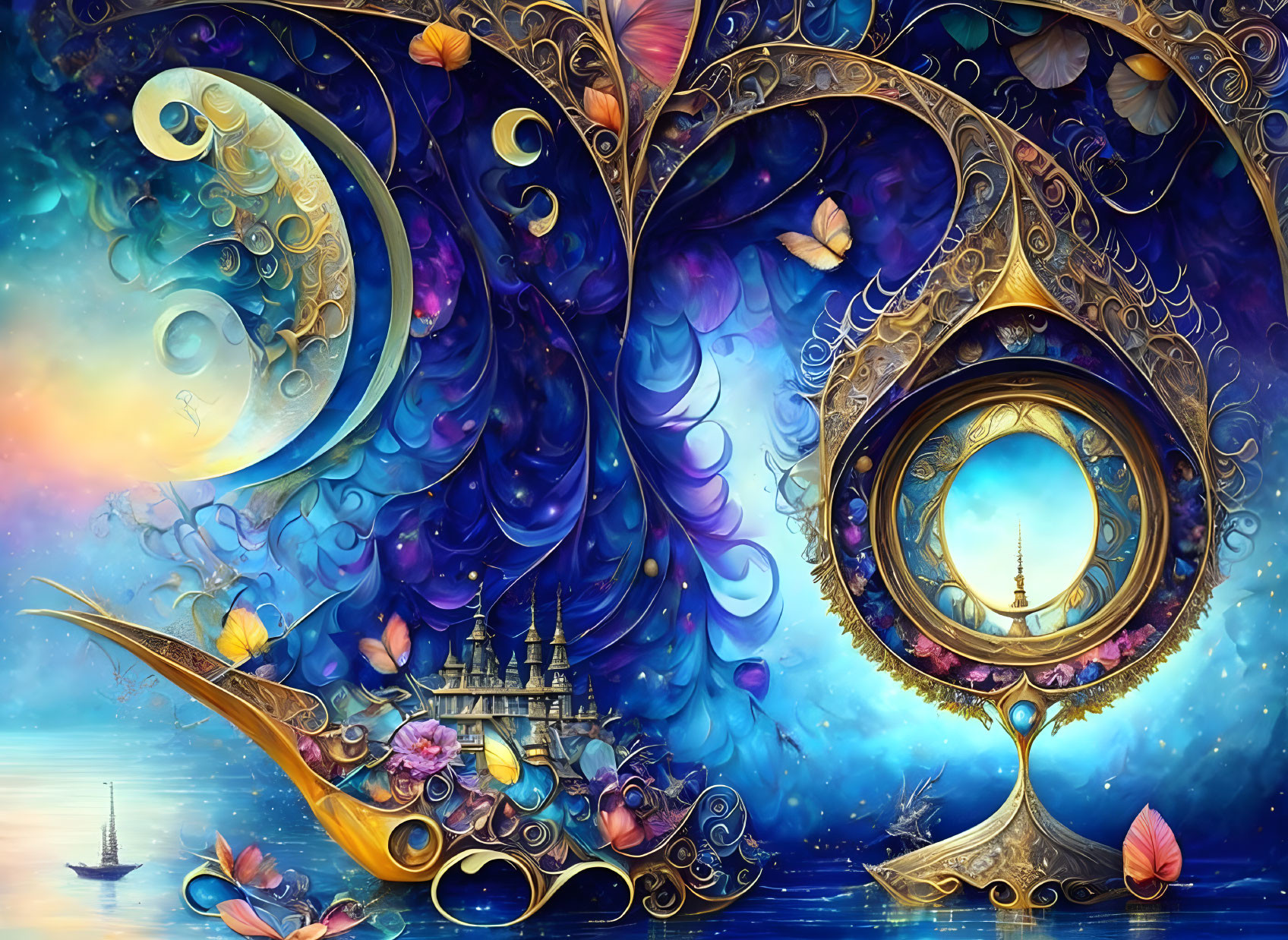 Colorful fantasy art with celestial designs, butterflies, ship, flowers & surreal moon structure