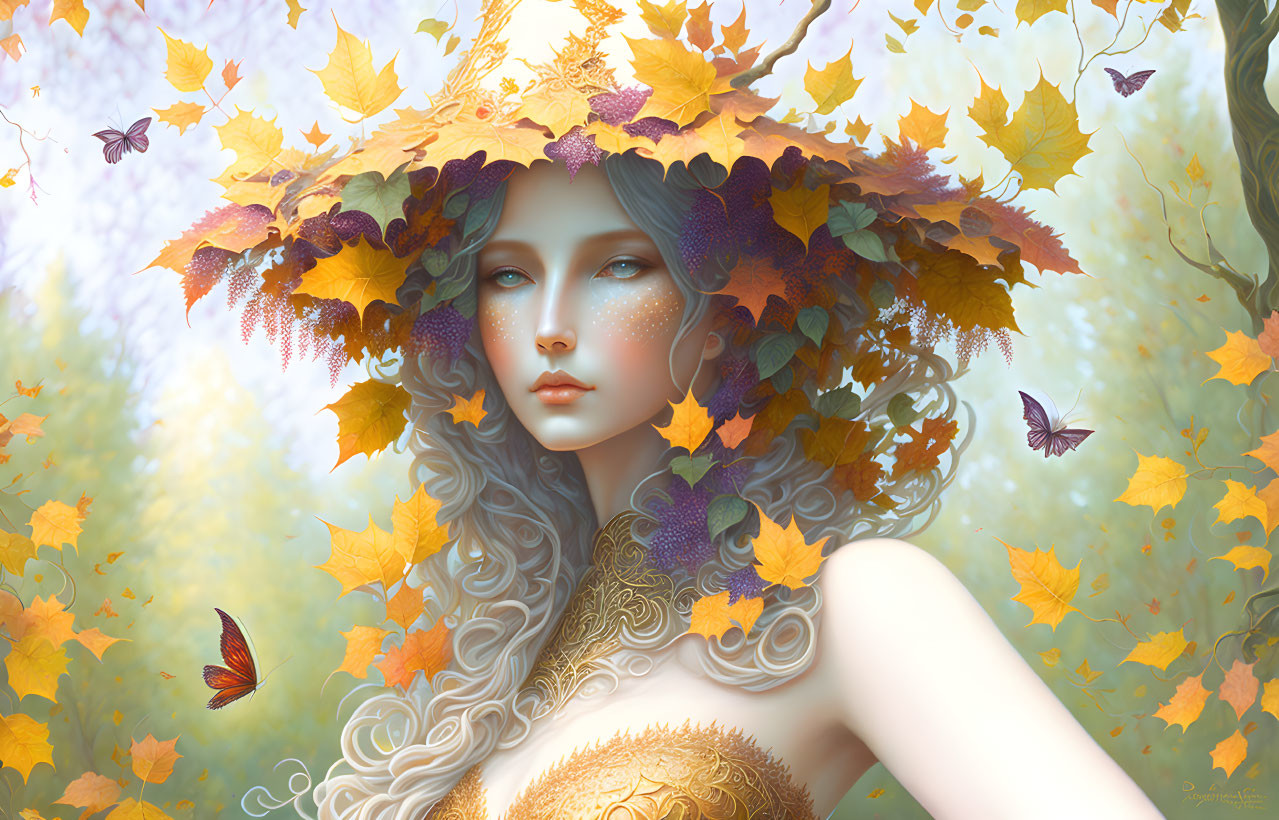 Portrait of woman with pale skin, white curly hair, crown of autumn leaves, butterflies