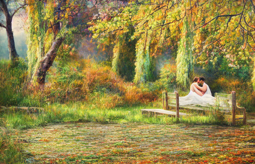 Wedding couple embraces on dock in autumn forest landscape