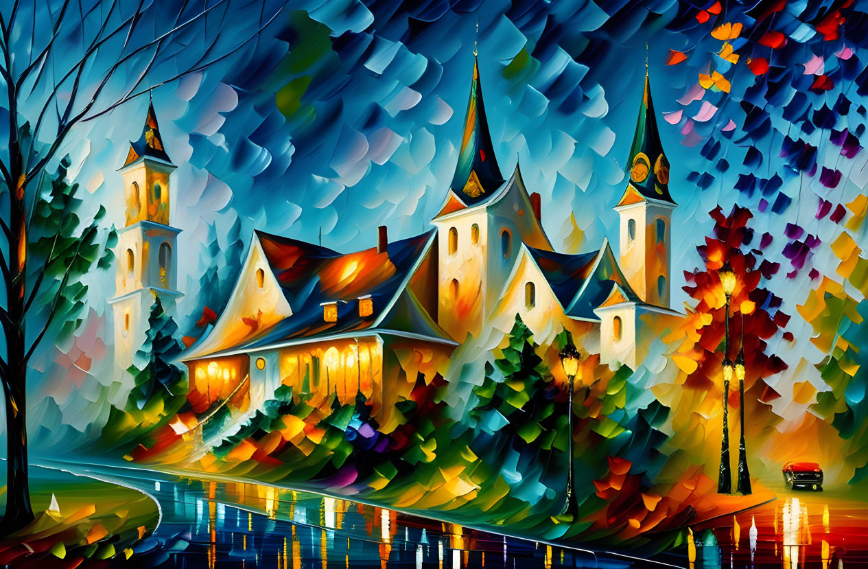 Colorful painting of church with lit windows, trees, sky, and car.