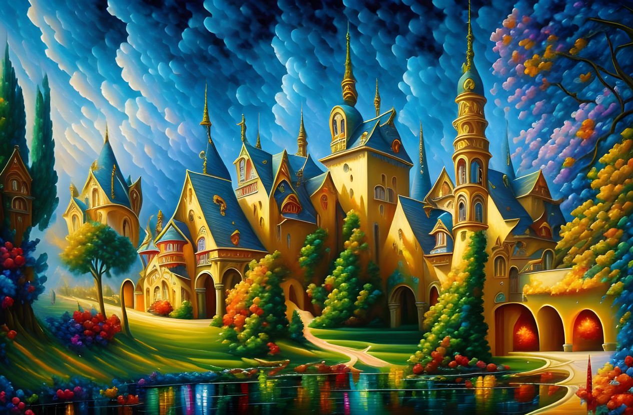 Colorful Painting of Idyllic Village with Whimsical Architecture
