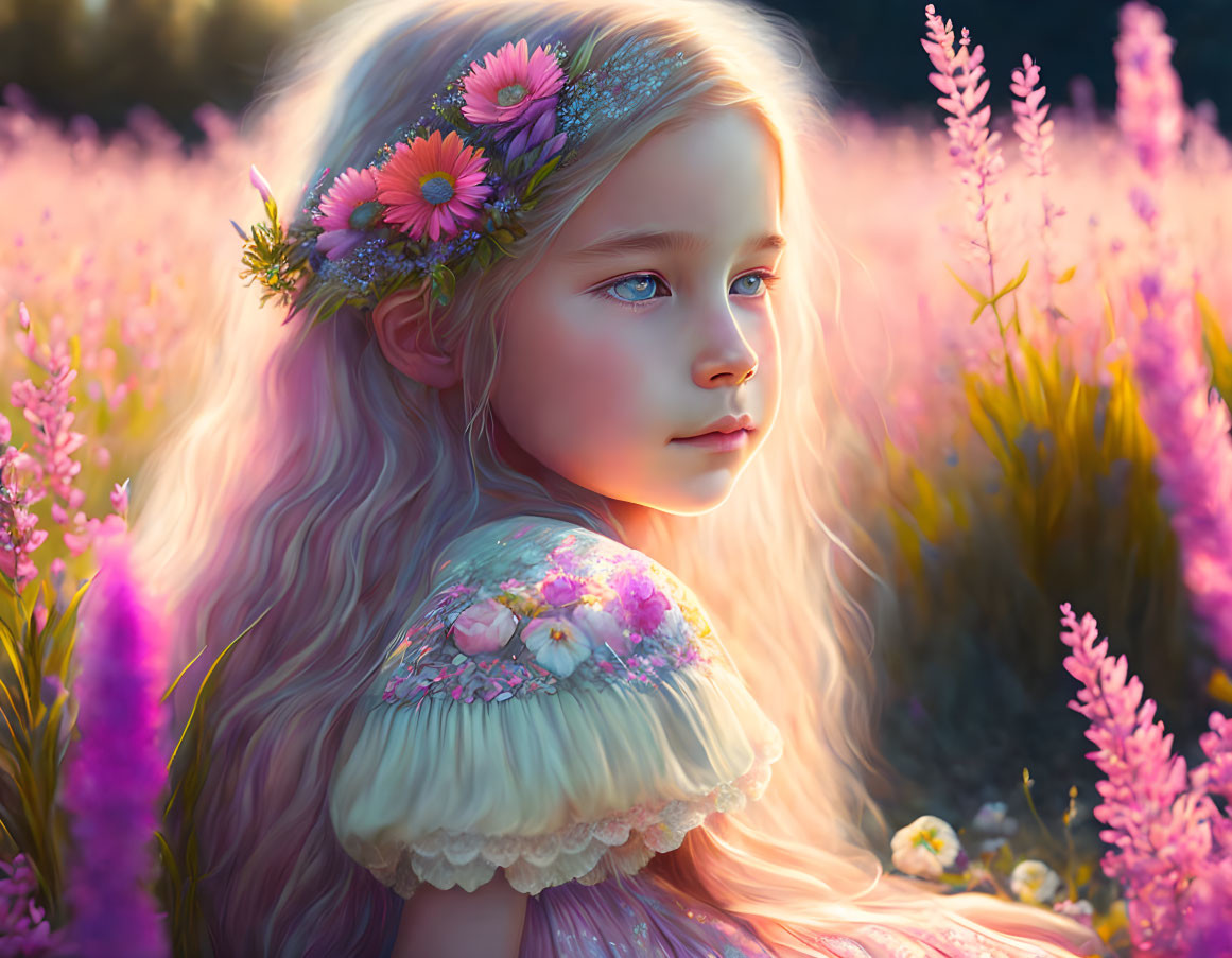 Young girl with floral crown in pink flower field at golden hour