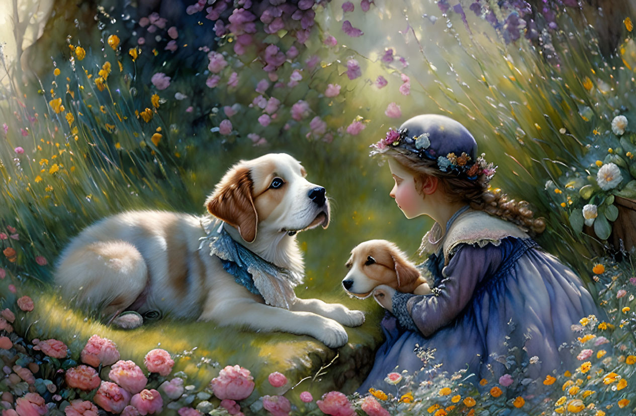 Girl in vintage dress with floral wreath plays with puppies in flower-filled meadow