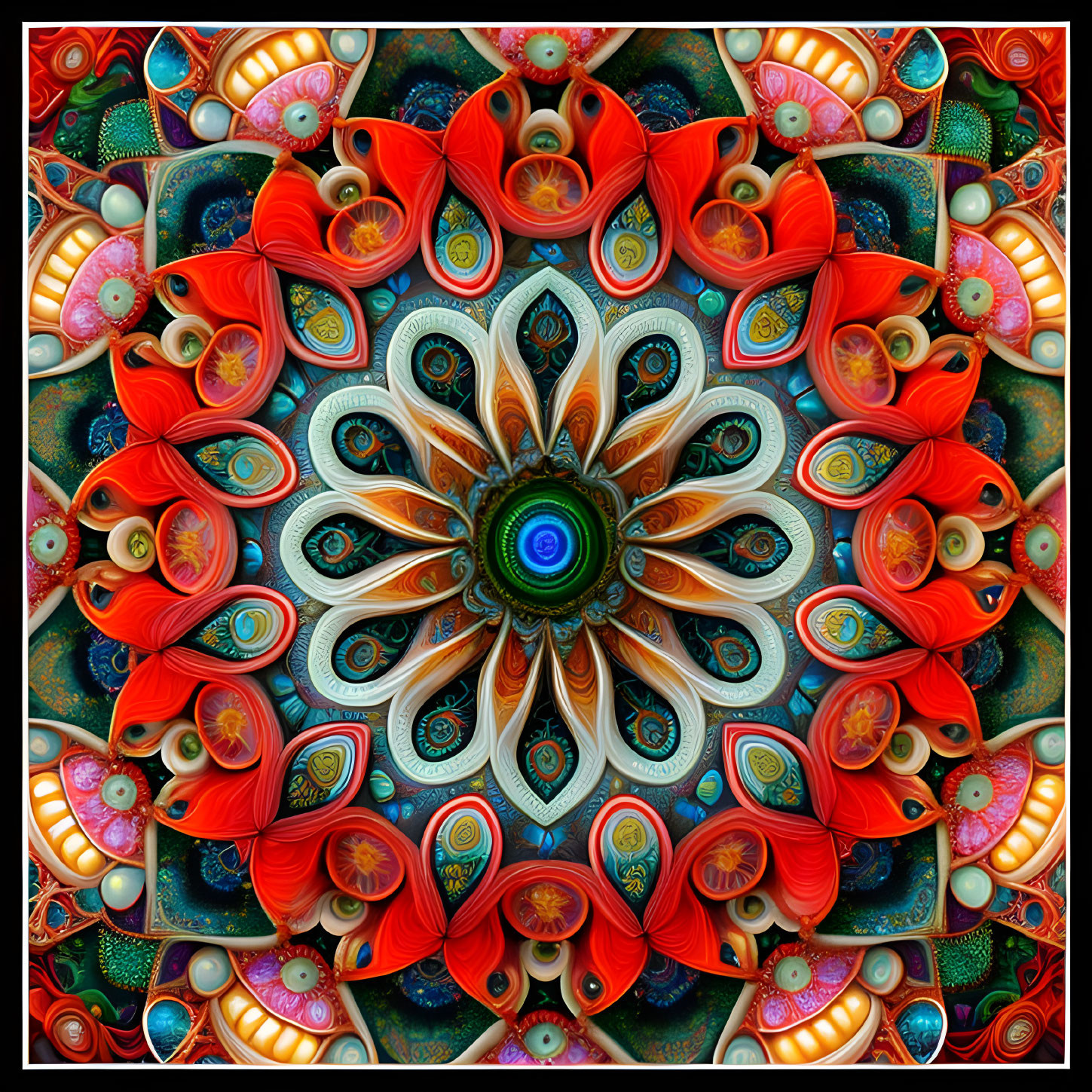 Colorful Symmetrical Digital Mandala with Orange, Teal, and Blue Patterns