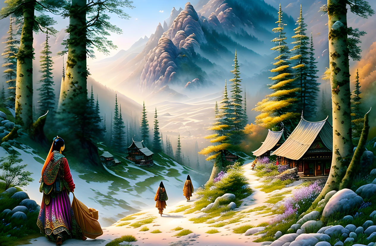 Digital art: Two figures in traditional attire walking towards Asian-style houses in mystical forest