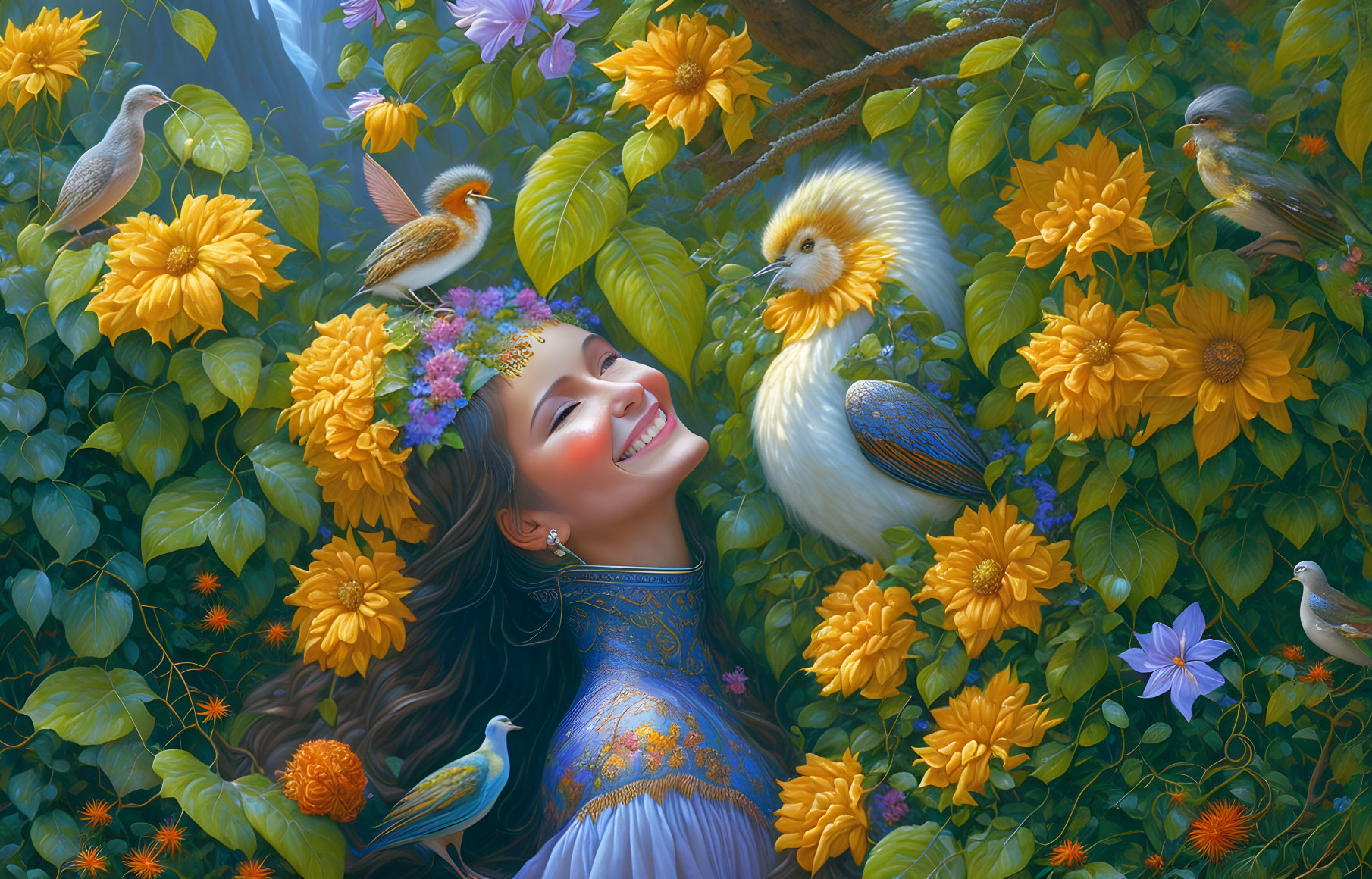 Joyful woman with flower crown amidst sunflowers and whimsical birds