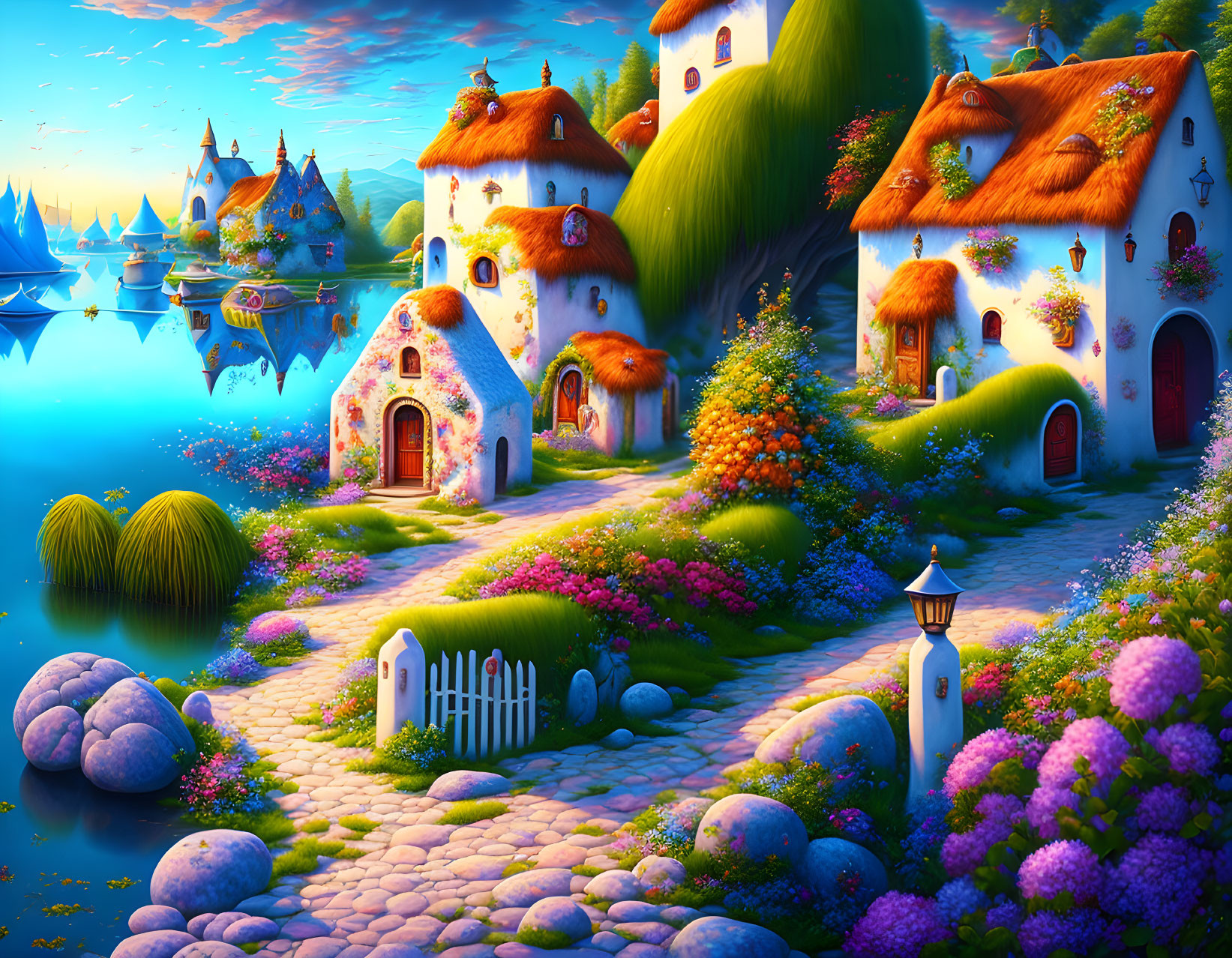 Fantasy village with whimsical cottages, lush gardens, serene lake, and castles