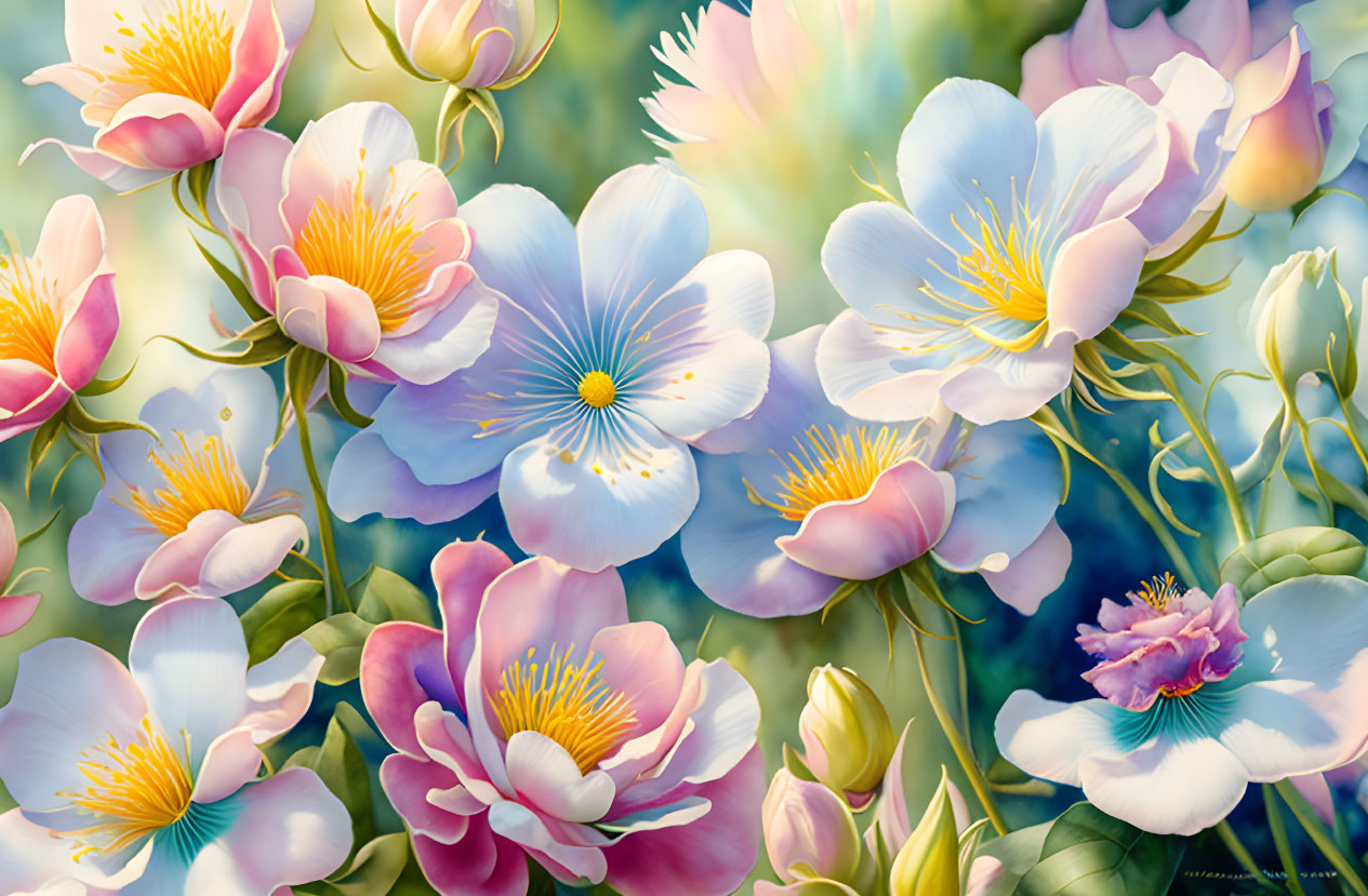 Colorful digital painting of blue and pink flowers with yellow centers in lush green setting