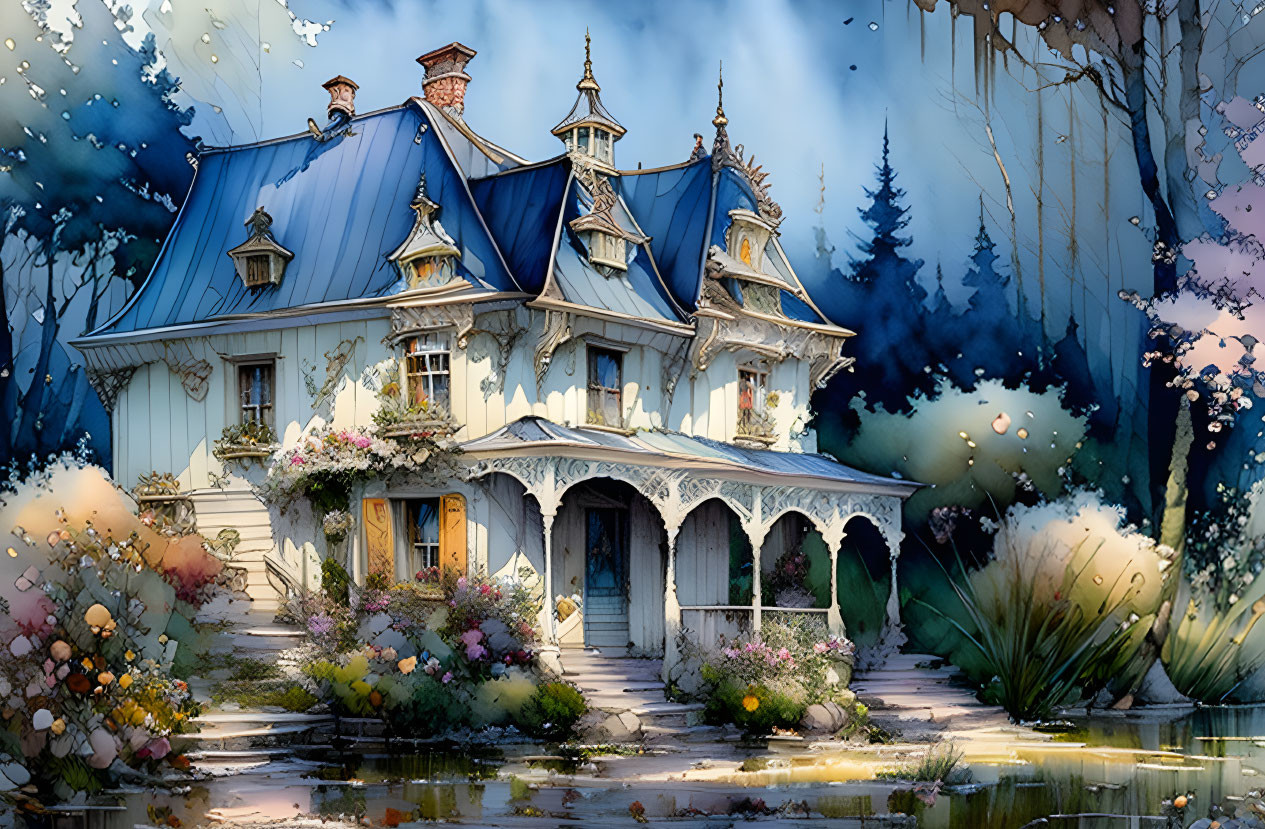 Victorian-style house illustration with lit windows in lush garden setting