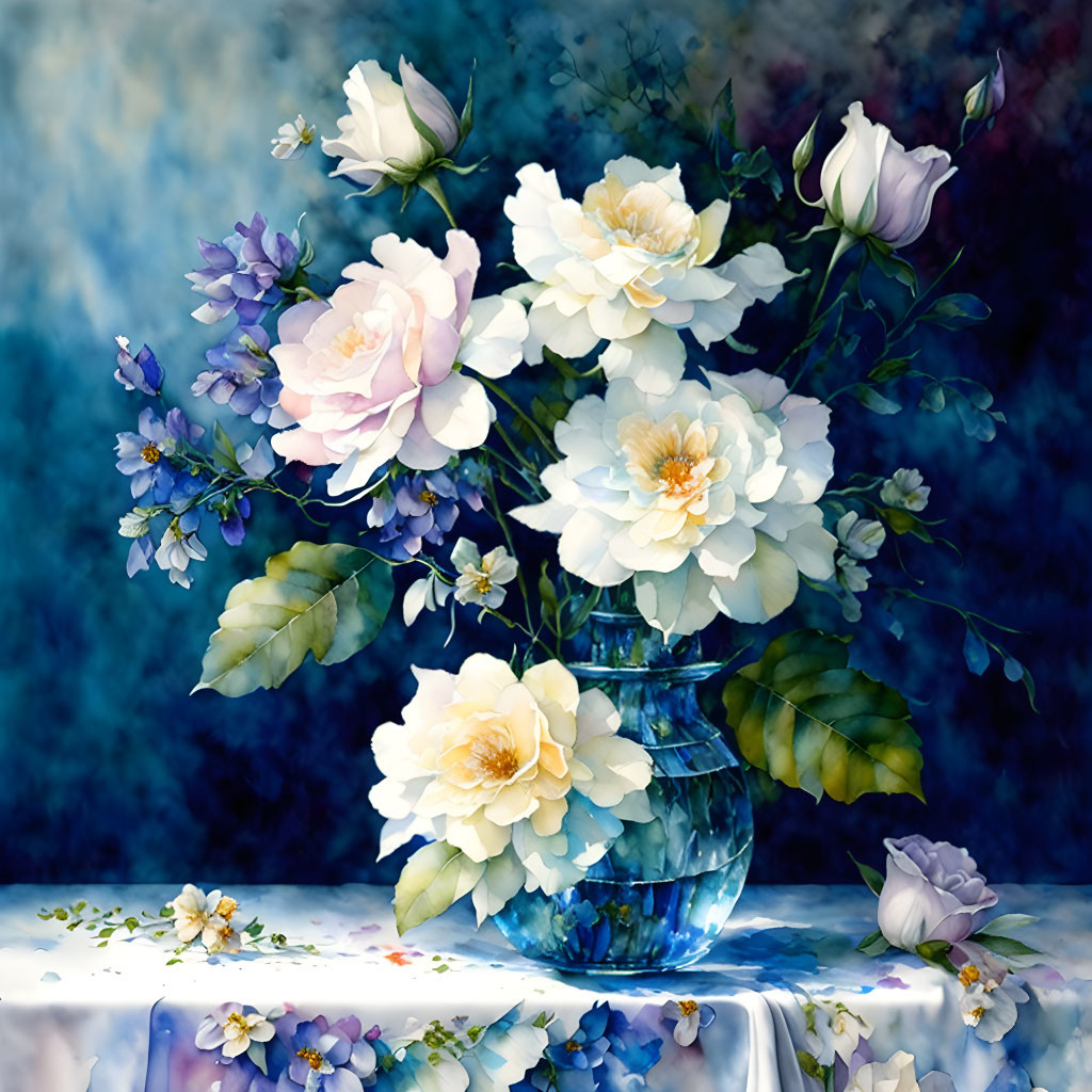 White and Pink Flowers in Blue Vase on Draped Cloth