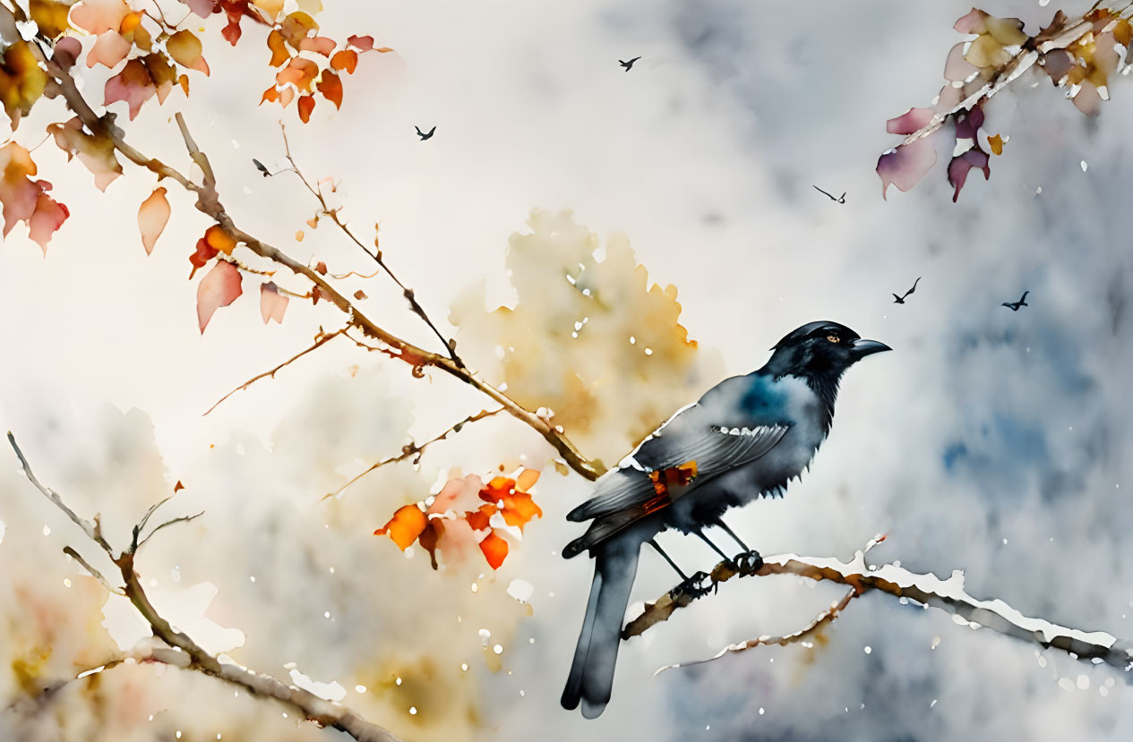 Blackbird perched on branch in autumn setting with flying birds and cloudy sky