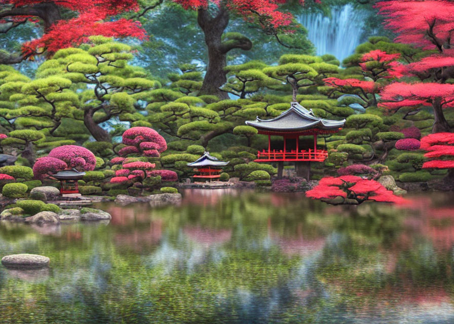 Tranquil Japanese Garden with Red and Green Trees