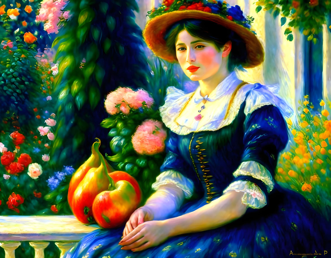 Woman in Blue Dress and Straw Hat on Bench with Flowers and Gourd