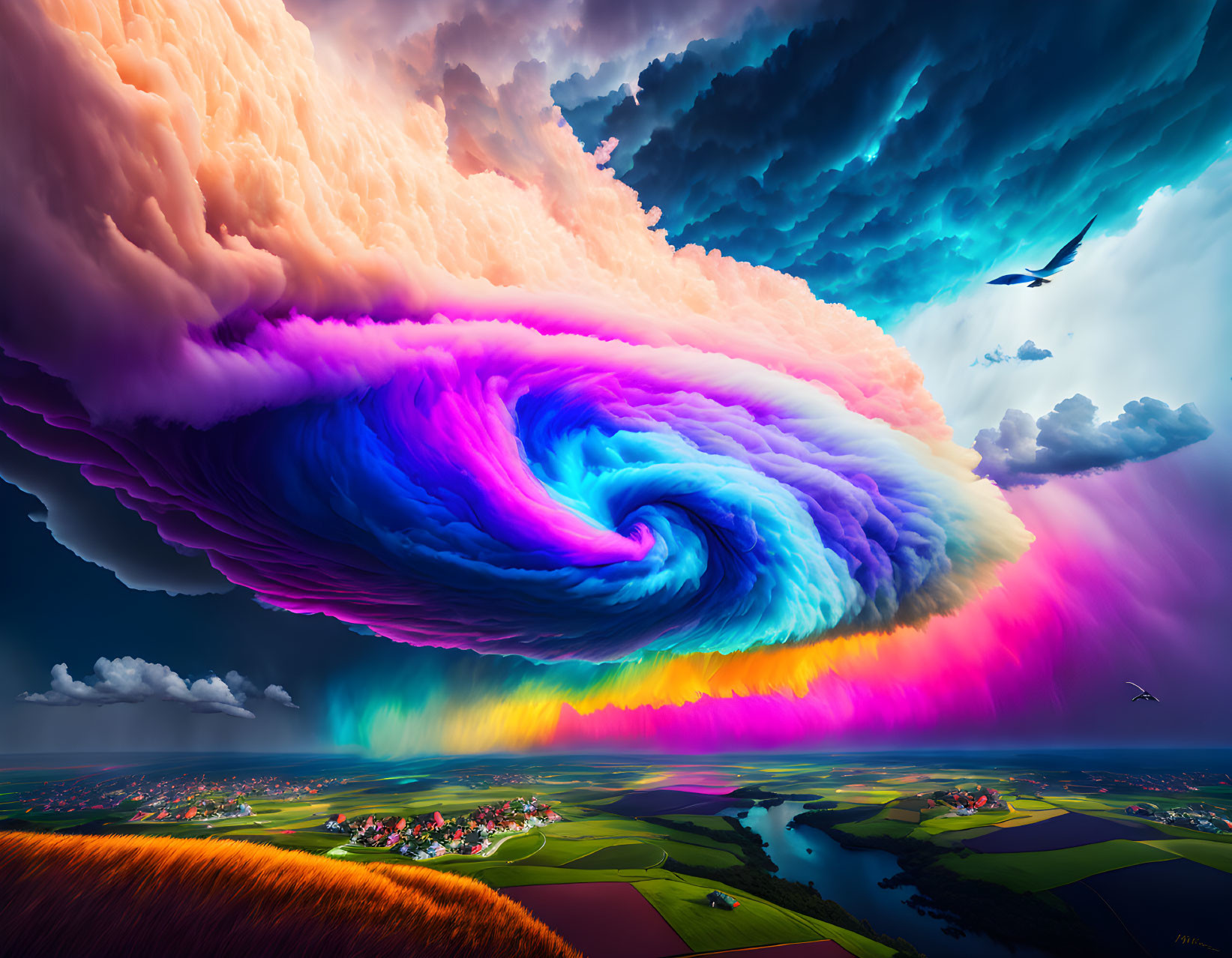 Colorful storm swirls over patchwork fields with birds flying under rainbow cloud.