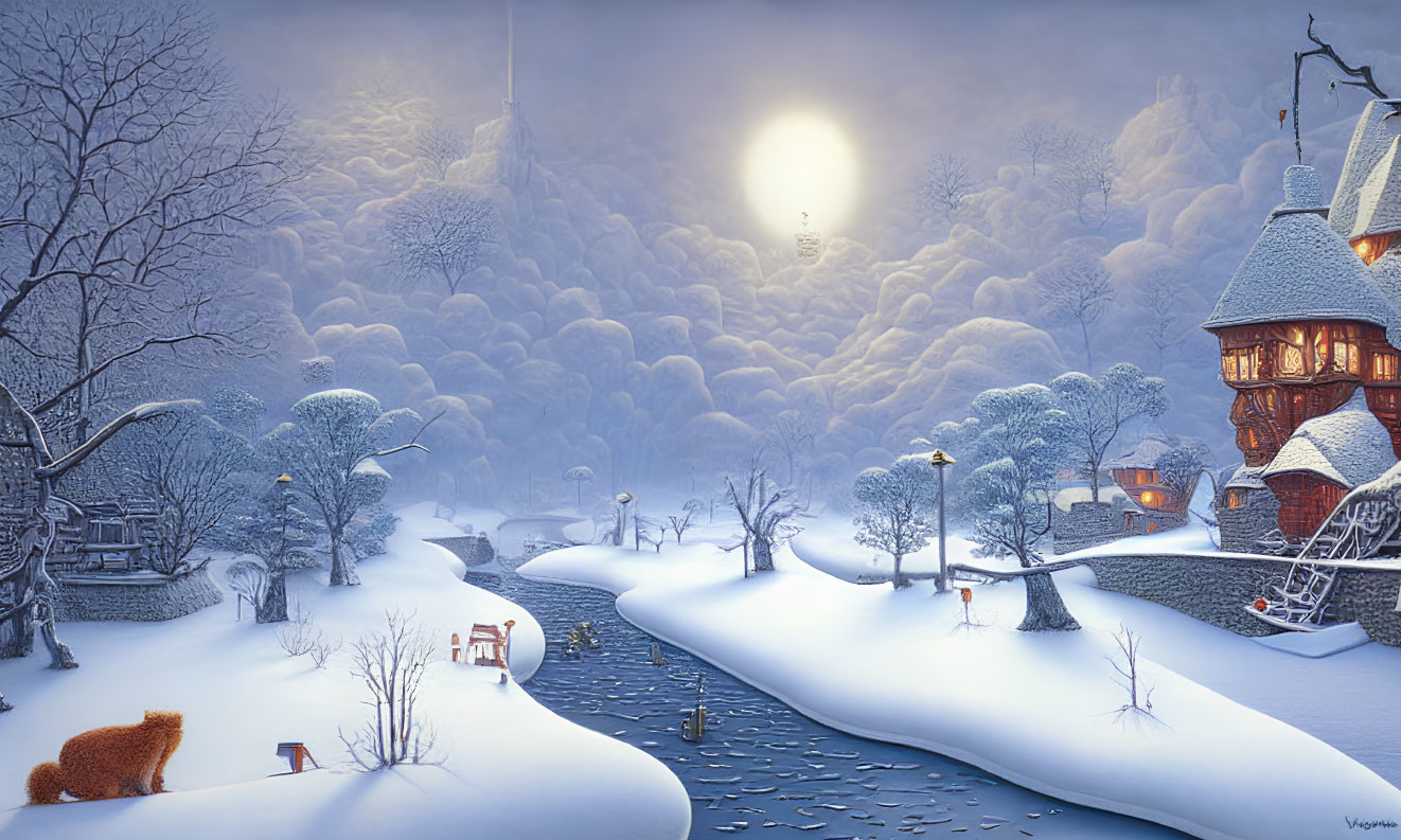 Snow-covered village with river, bear, and moonlit sky