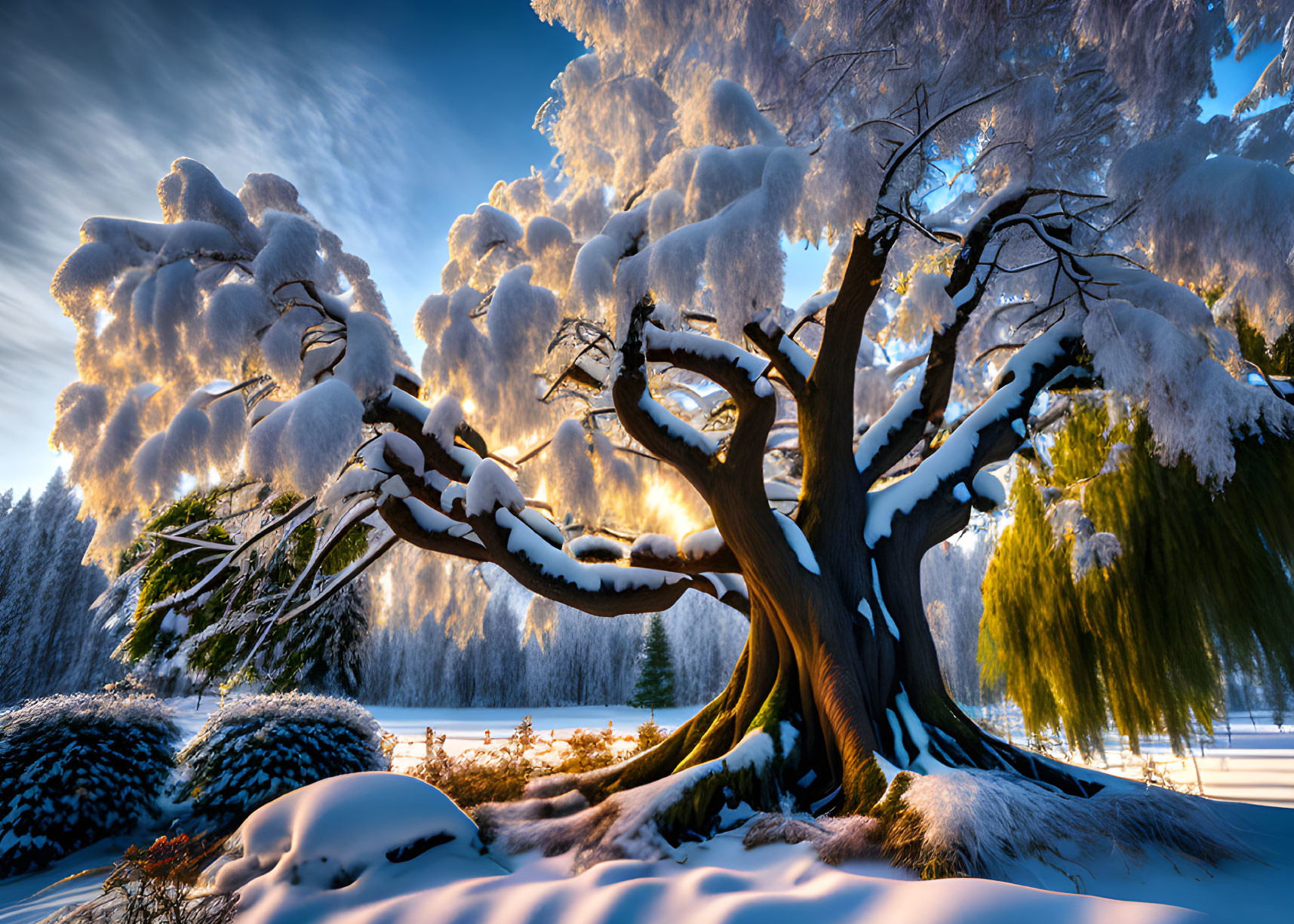 Snow-covered tree against vibrant sunset sky on snowy ground