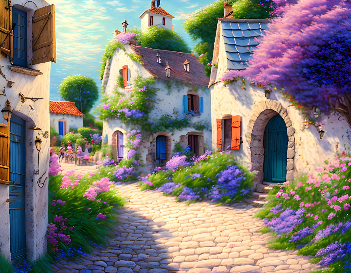 Picturesque village scene with cobblestone path, colorful flowers, white houses, and blue roofs.